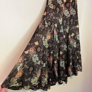 ballinger gold 100 Silk Skirt A Line Full Retro Asian Midi M Floral 90s Y2K Twee